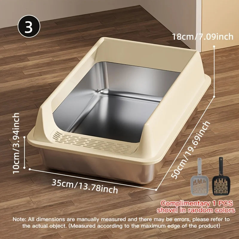 Khaki stainless steel cat litter box by TrendyPet's Zone, leak-proof and splash-proof, large size for big cats.