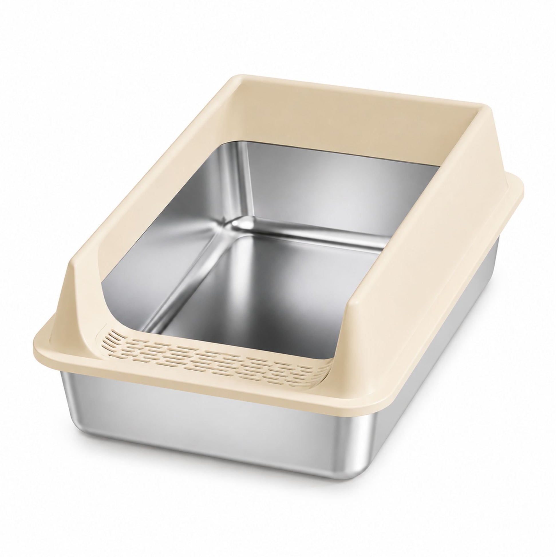Khaki stainless steel cat litter box by TrendyPet's Zone, leak-proof and splash-proof, large size for big cats.