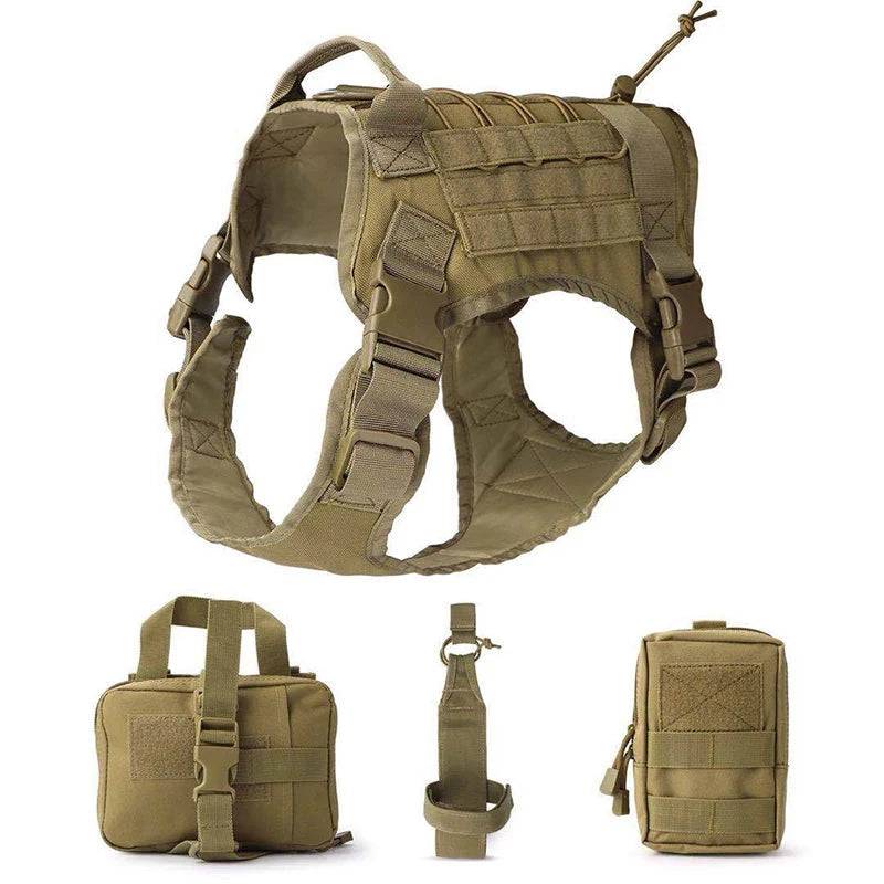 Khaki Tactical Dog Pet Vest With Bags Military Harness Leash Set - TrendyPet's Zone