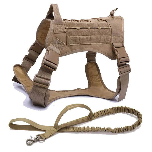 Khaki tactical dog pet vest with military design, harness, and leash set from TrendyPet's Zone, includes bags and secure fit for outdoor walks.
