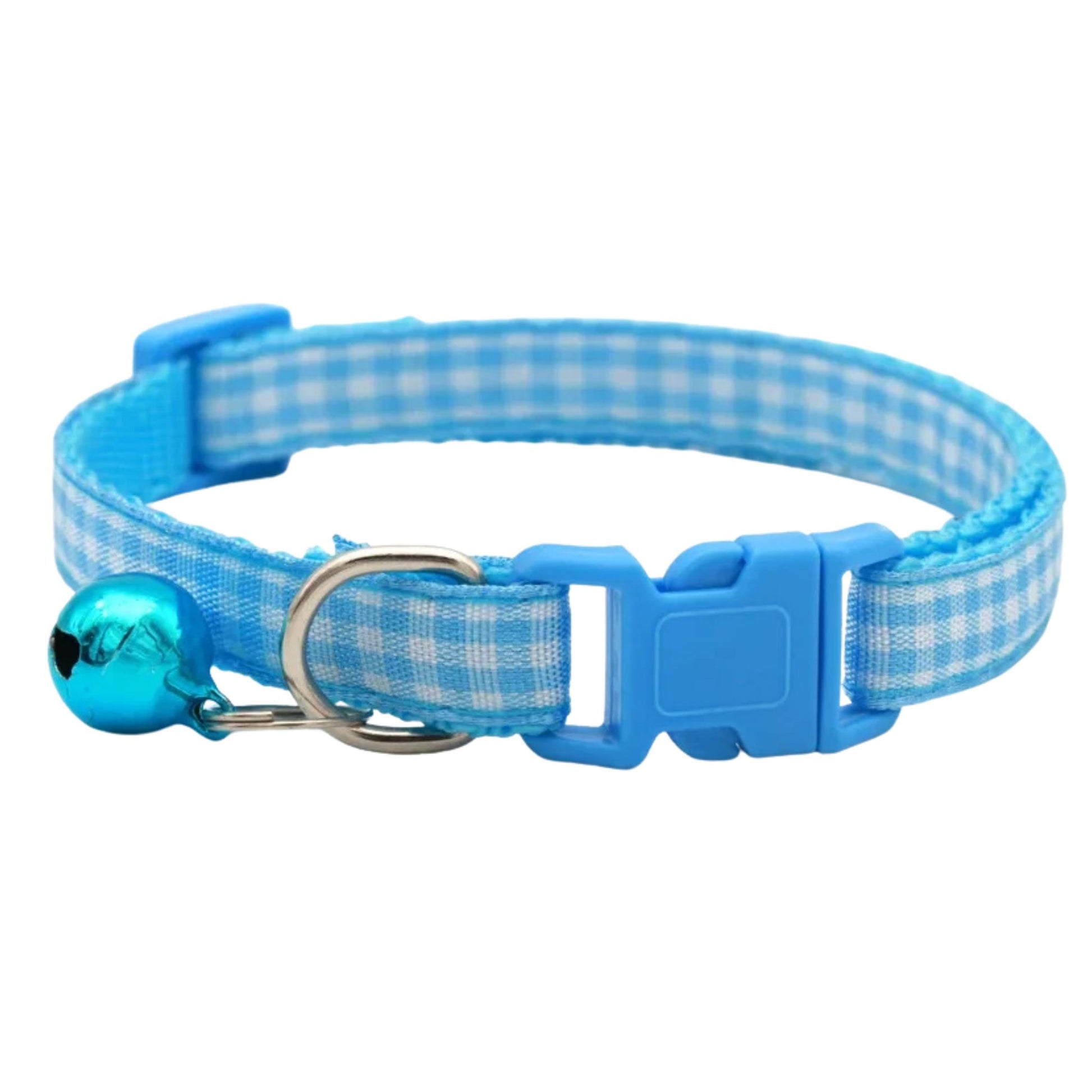 Light blue checkered striped pet collar with a bell, adjustable nylon collar for cats and small dogs by TrendyPet's Zone.