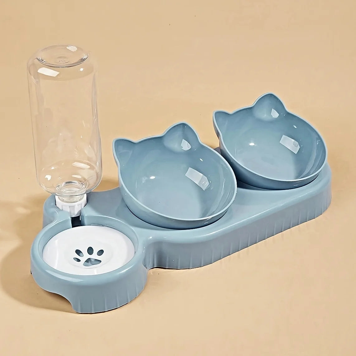 Light blue TrendyPet's Zone 3-in-1 tilted elevated cat water and food bowl set with neck protection feeding station.