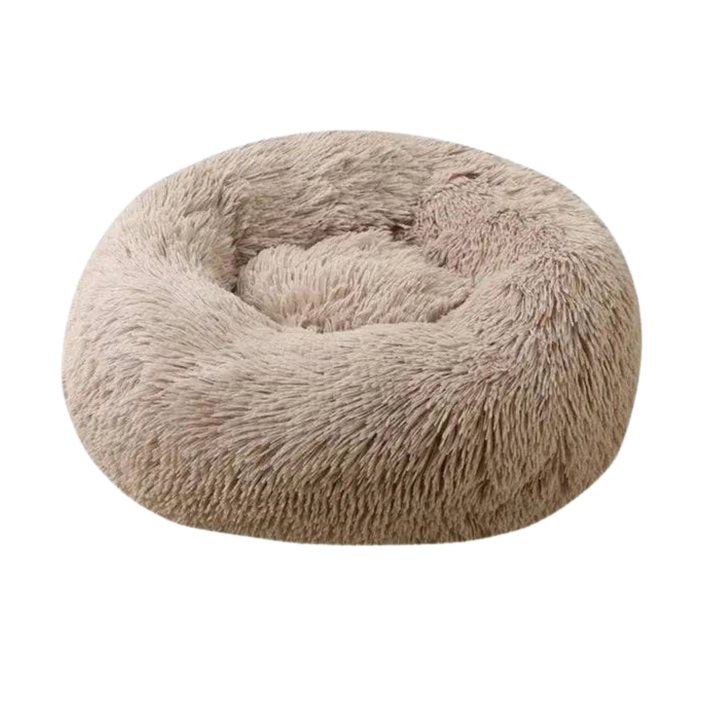 Light brown round plush pet bed with zipper, thick padding, suitable for dogs and cats, by TrendyPet's Zone.