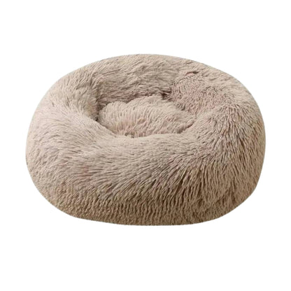 Light brown round plush pet bed with zipper, thick padding, suitable for dogs and cats, by TrendyPet's Zone.
