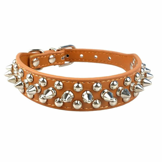 Light Brown Spiked Studded Leather Dog Collar Adjustable Anti-Bite Puppy Neck Strap Collars For Small Medium Dogs - TrendyPet's Zone