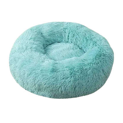 Light cyan round plush pet bed for dogs and cats with a zipper, soft, thick, and comfortable by TrendyPet's Zone.