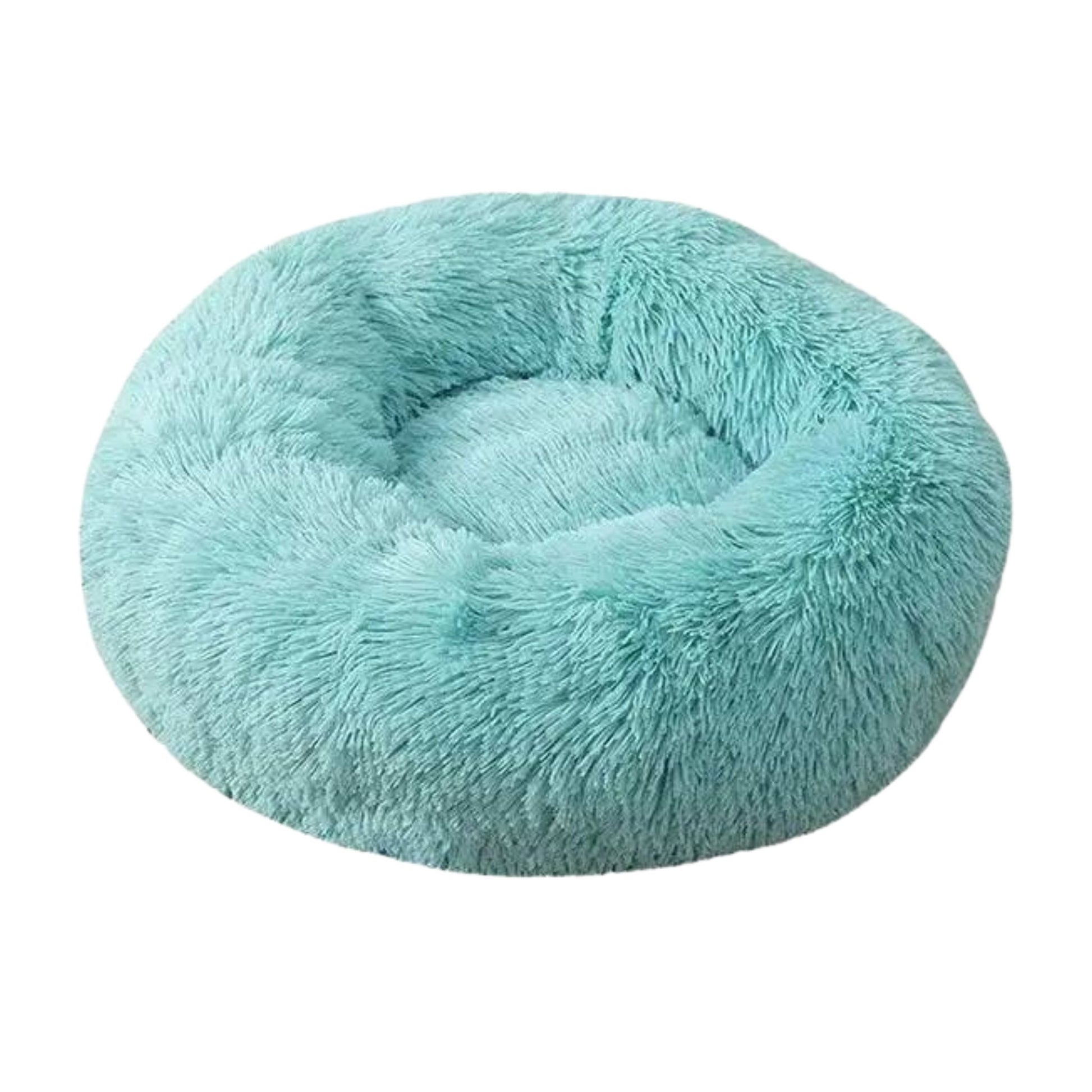 Light cyan round plush pet bed for dogs and cats by TrendyPet's Zone, with a soft, thick, detachable cushion and zipper closure.