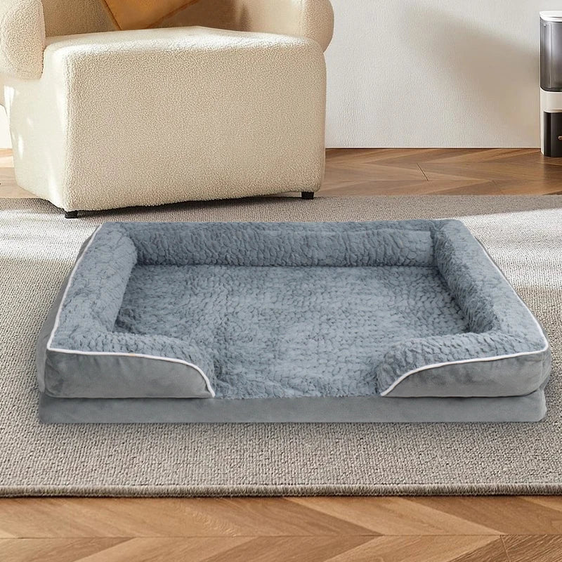 Light gray bolster dog bed by TrendyPet's Zone with waterproof lining, non-skid bottom, washable orthopedic egg foam cushion.