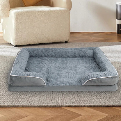 Light gray bolster dog bed by TrendyPet's Zone with waterproof lining, non-skid bottom, washable orthopedic egg foam cushion.