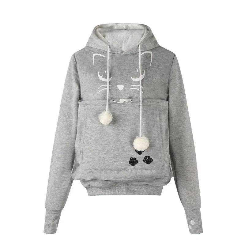 Light Gray Cat Print High Quality Sweatshirt Cat Dog Lovers Hoodies Kangaroo Pet Paw Ears Cuddle Pouch Pullovers - TrendyPet's Zone