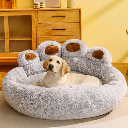 Large light gray round dog bed mat by TrendyPet's Zone, plush, soft, warm cushion in bear paw shape for deep, comfortable sleep.