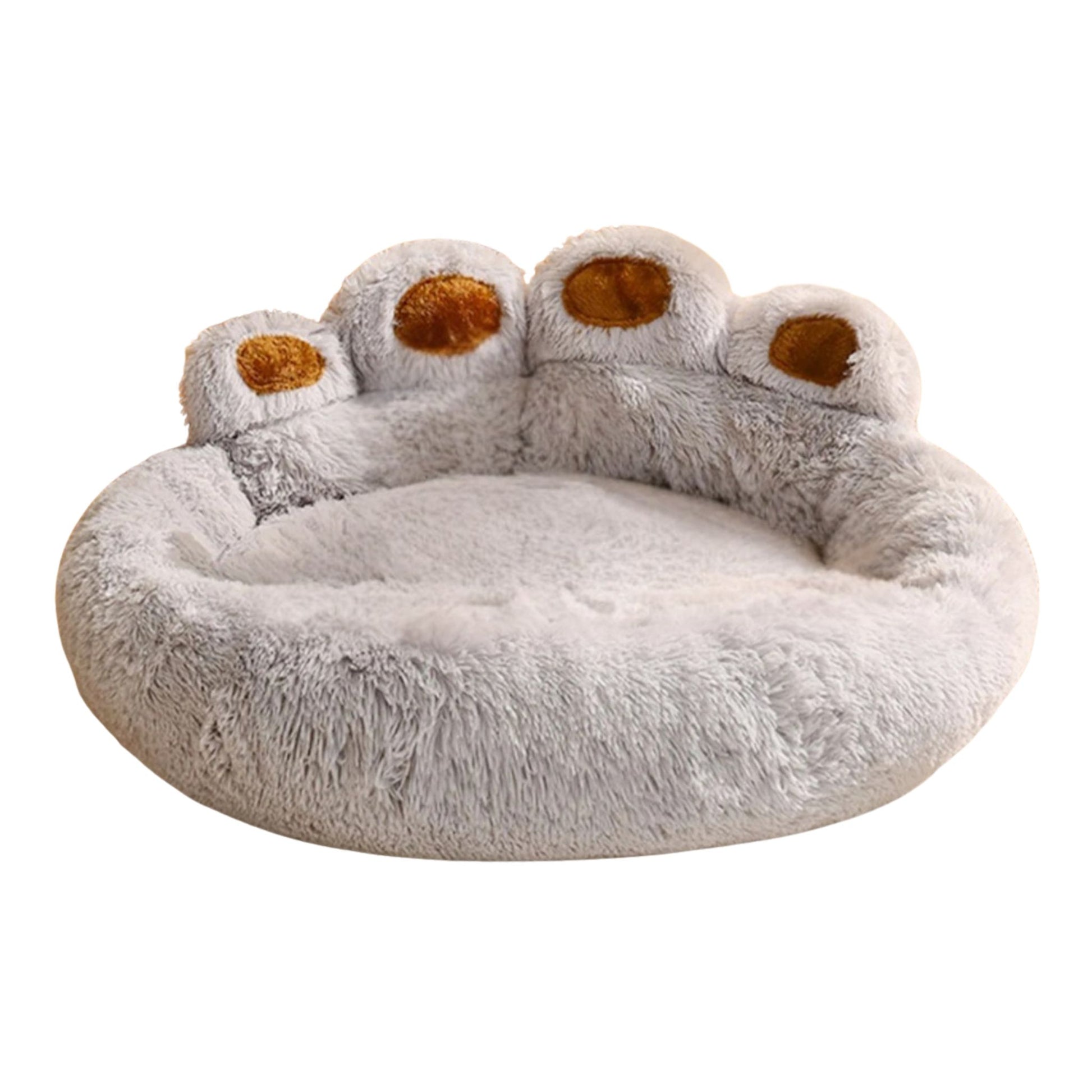Large light gray round dog bed mat with plush fabric, bear paw shape, soft cushion, ideal for warm, calm sleeping for pets.