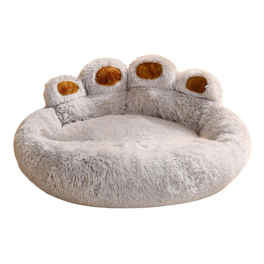 Large light gray round dog bed mat with plush fabric, bear paw shape, soft cushion, ideal for warm, calm sleeping for pets.