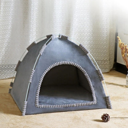 Light gray foldable pet house tent by TrendyPet's Zone, portable and breathable for four seasons use, suitable for small pets.
