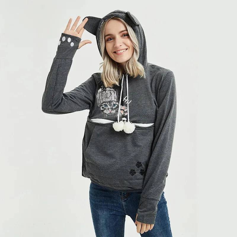 Light Gray High Quality Sweatshirt Cat Dog Lovers Hoodies Kangaroo Pet Paw Ears Cuddle Pouch Pullovers - TrendyPet's Zone