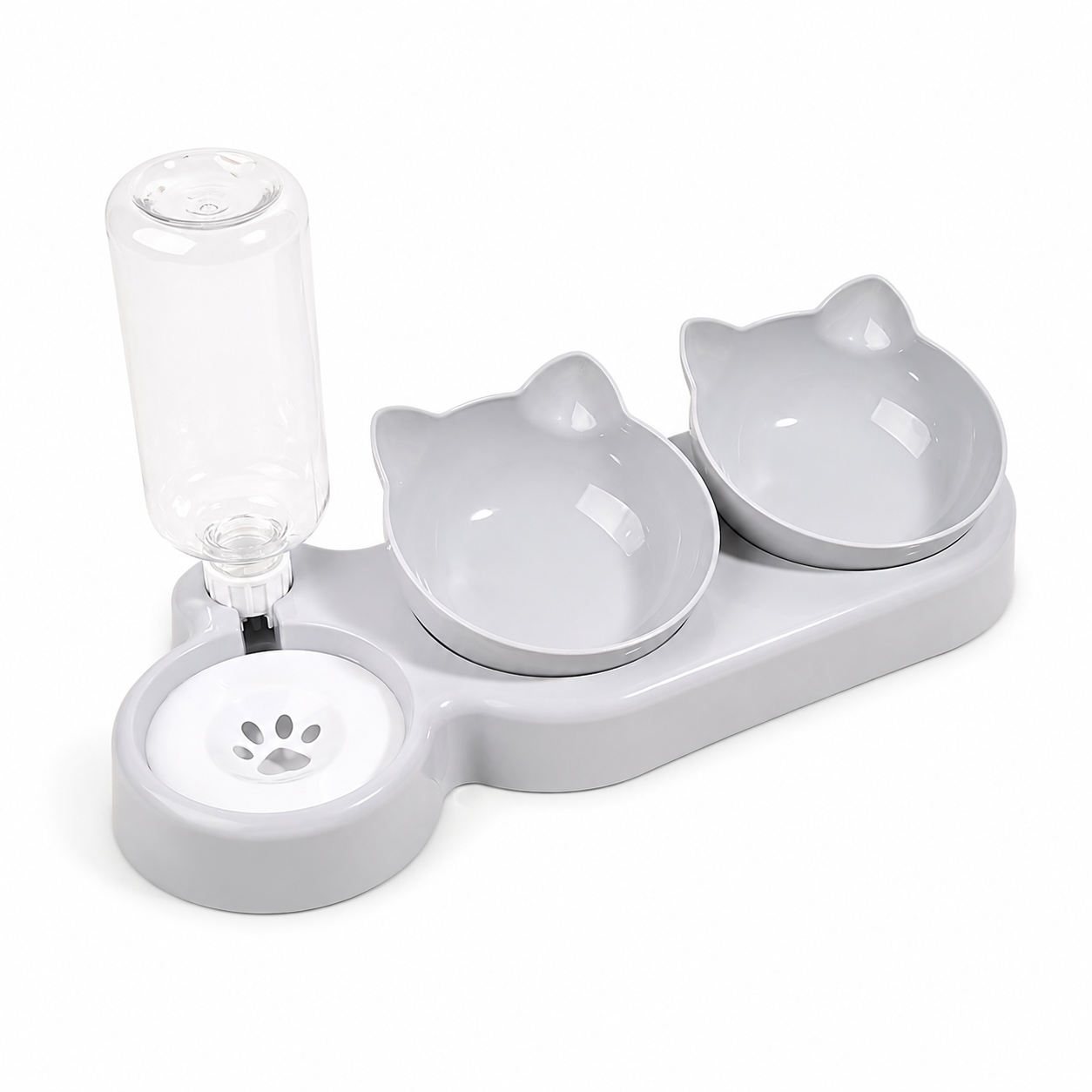 Light gray TrendyPet's Zone elevated tilted cat water and food bowl set with 3-in-1 design, raised feeding station, and neck protection.