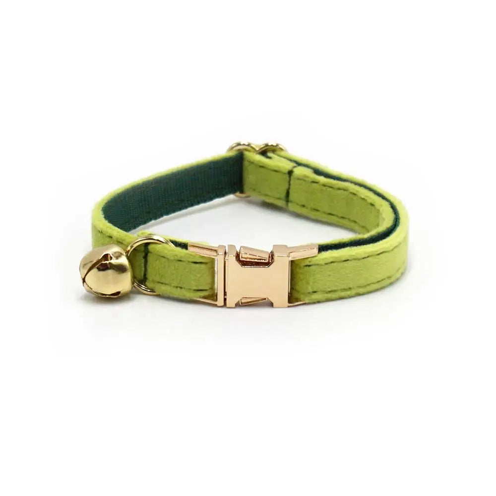 Light green personalized dog collar with bell and engraved ID tag, suitable for small dogs, puppies, and kittens. TrendyPet's Zone.