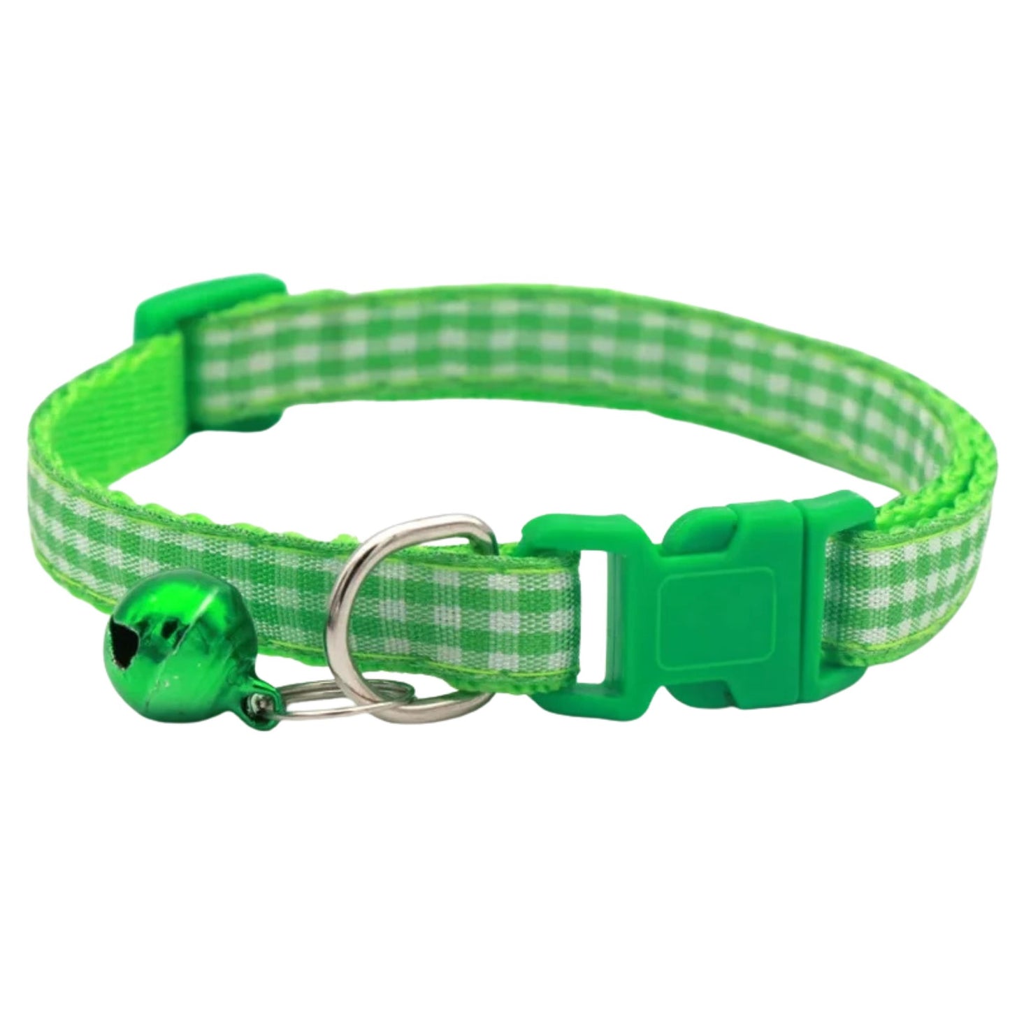 Light green checkered striped pet collar with bell for cats and small dogs, adjustable nylon design by TrendyPet's Zone.