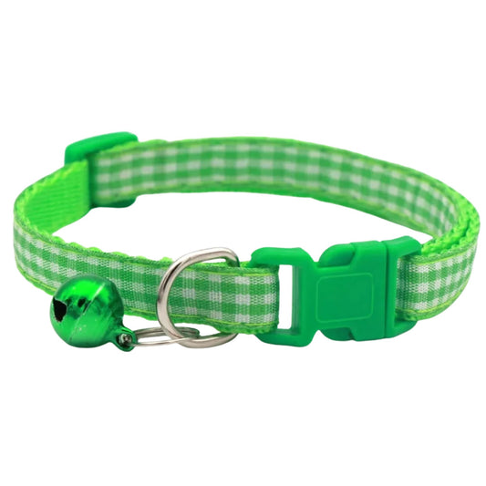 Light green checkered striped pet collar with bell for cats and small dogs, adjustable nylon design by TrendyPet's Zone.