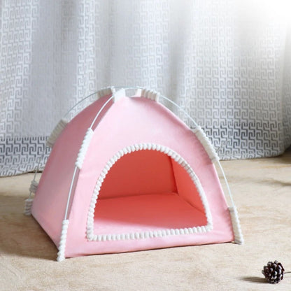 Light pink foldable pet house tent from TrendyPet's Zone, portable, breathable, suitable for all seasons, ideal for small pets.