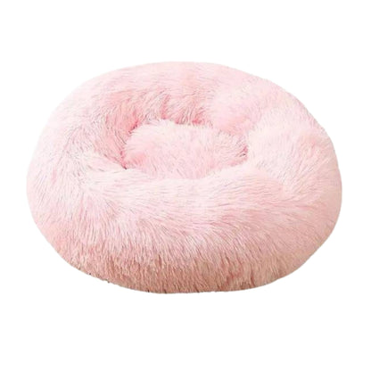 Light pink round plush pet bed for dogs and cats with zipper, soft and comfortable calming bed by TrendyPet's Zone