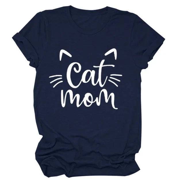 Navy Blue "Cat Mom" Vivid Letter Print Women T-Shirt Short Sleeve O-Neck Loose Ladies Tee Tops Clothes - TrendyPet's Zone