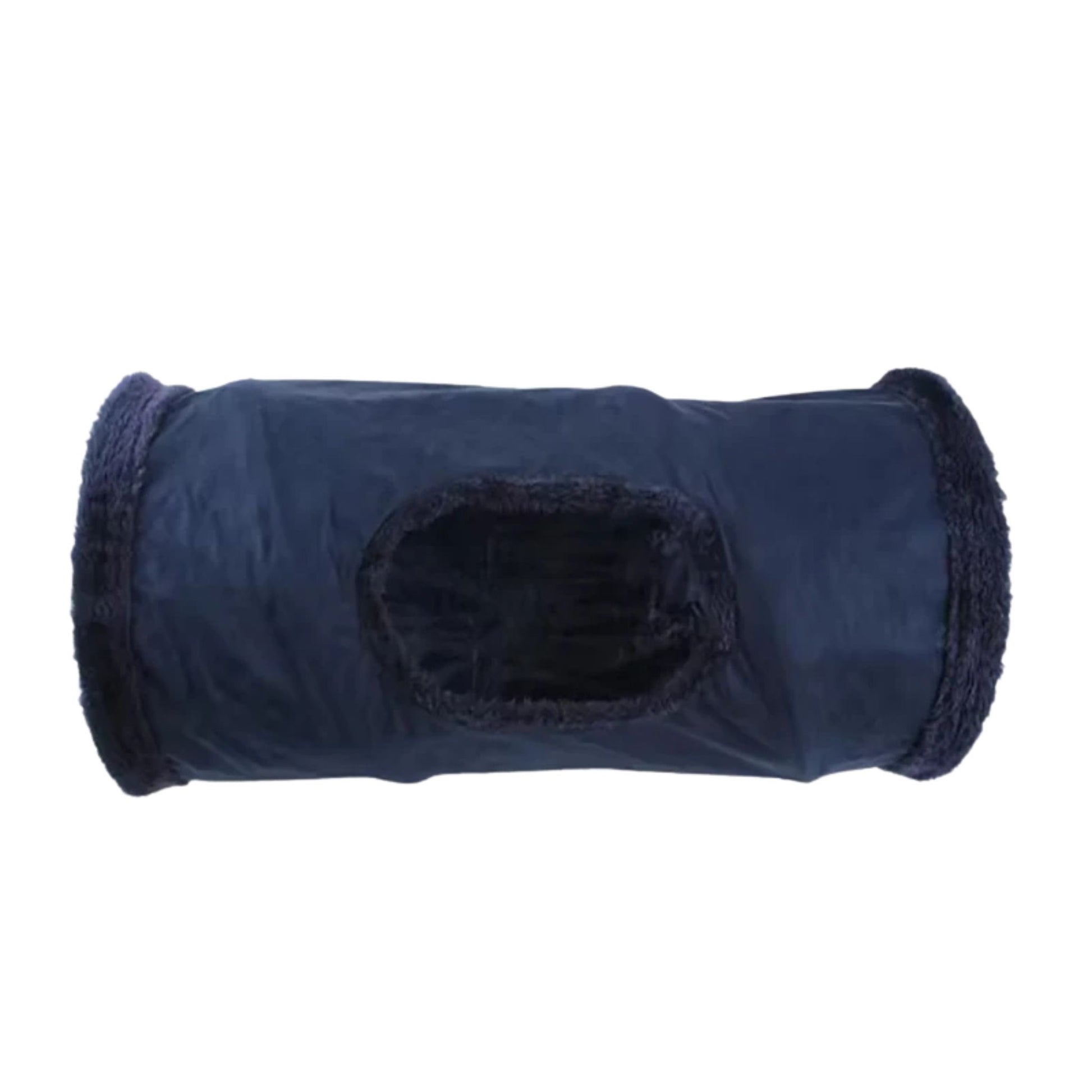 Navy blue foldable cat plush tunnel toy made of soft suede, perfect for playtime and interactive fun for cats.