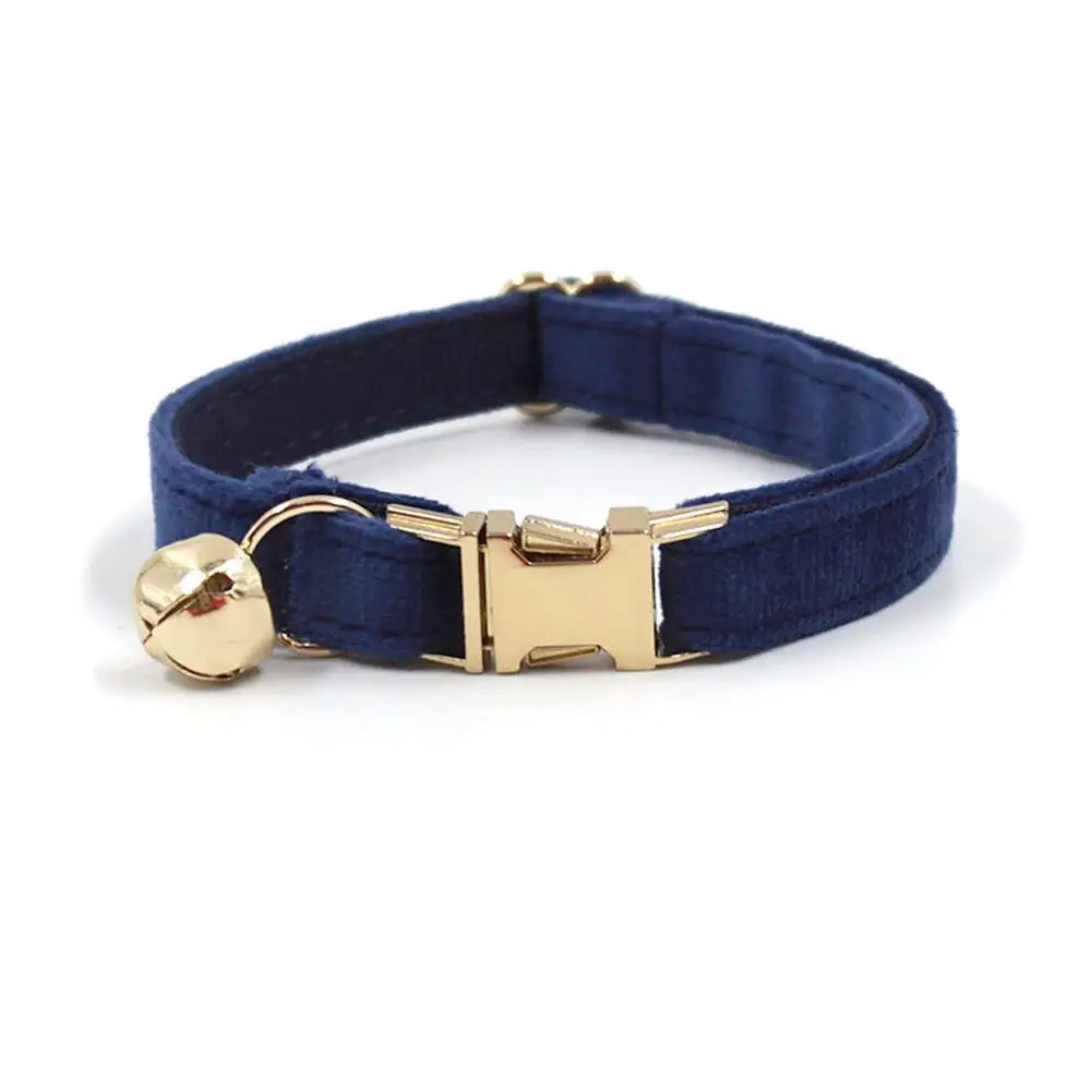 Navy blue personalized dog collar with bell and engraved ID tag for small dogs, puppies, and kittens, by TrendyPet's Zone.