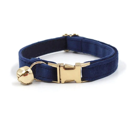 Navy blue personalized dog collar with bell and engraved ID tag for small dogs, puppies, and kittens, by TrendyPet's Zone.
