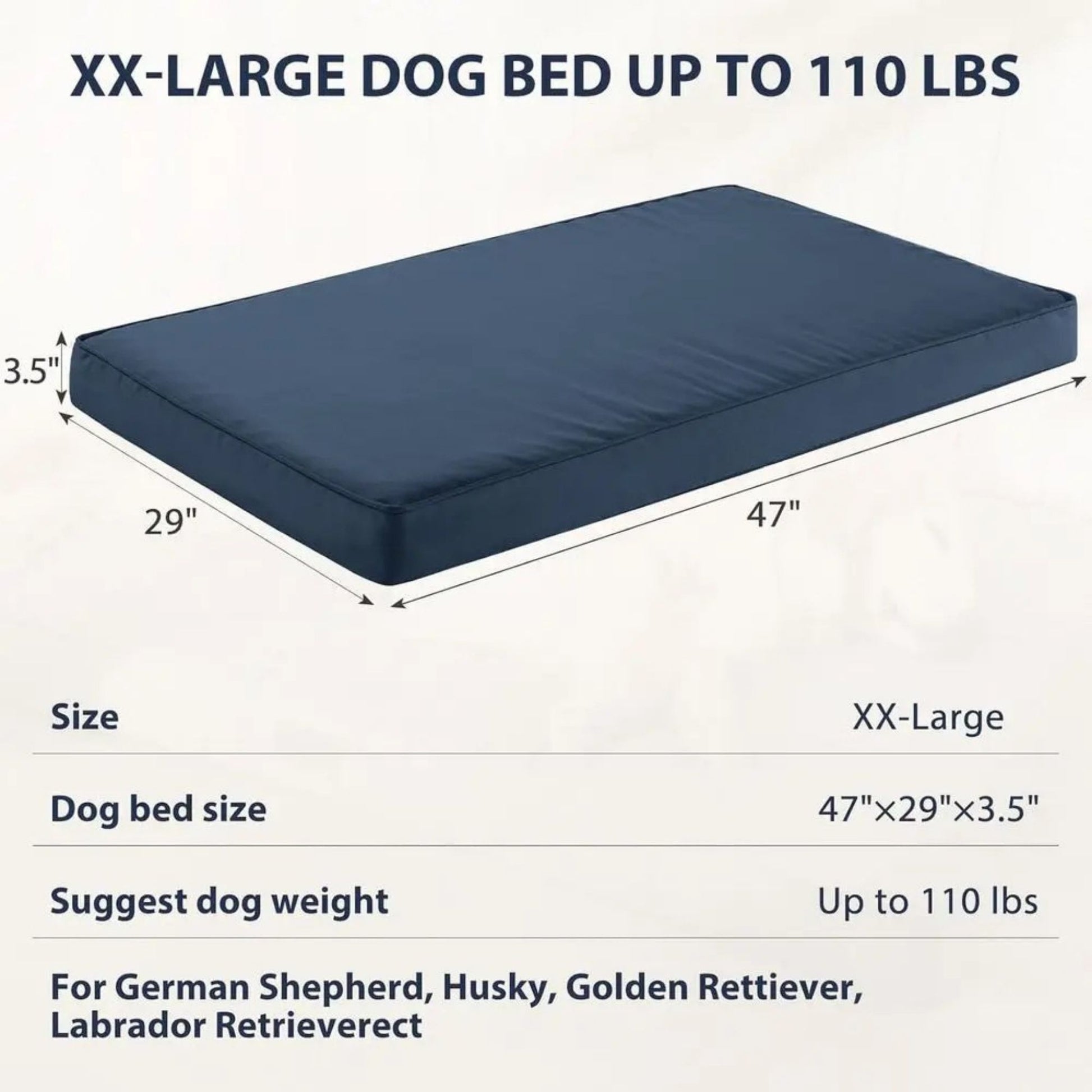 Navy Large Dog Waterproof Orthopedic Bed with Removable Cover, 47x29 x 3.5 inches TrendyPet's Zone