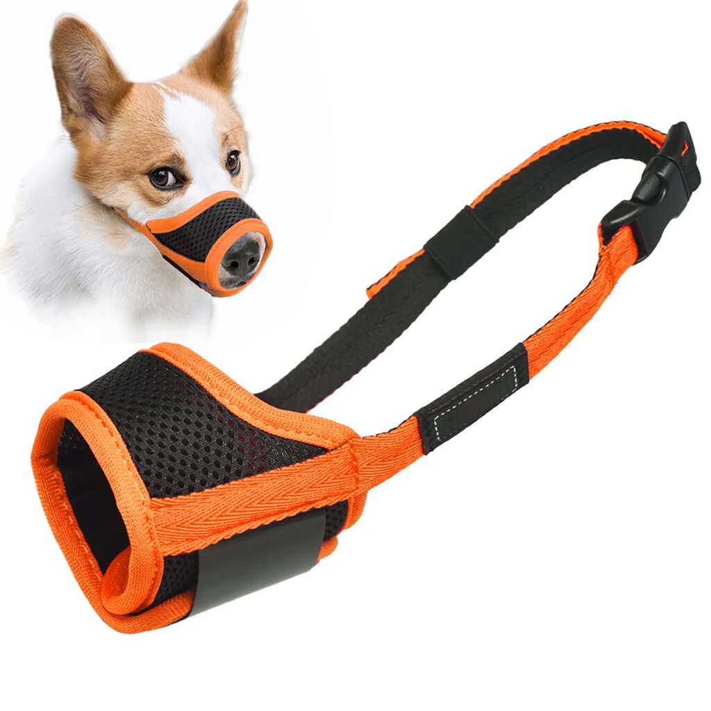 Orange adjustable anti-bark dog muzzle made of breathable soft mesh, designed for comfort and control.