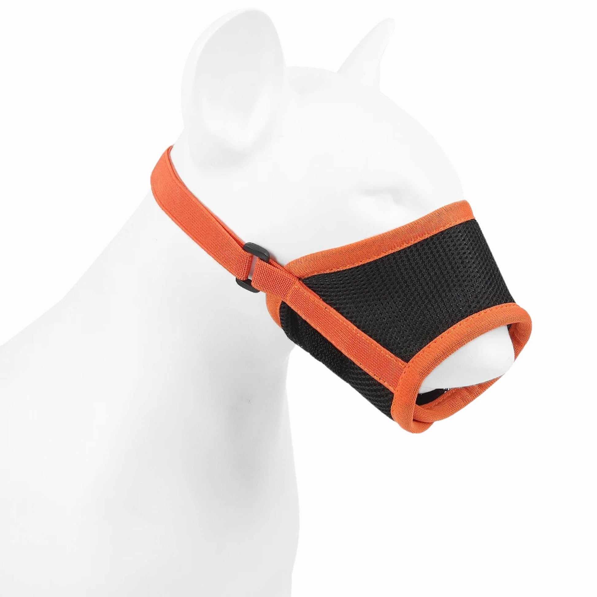 Orange adjustable anti-bark dog muzzle made of breathable soft mesh, designed for comfort and control by TrendyPet's Zone.