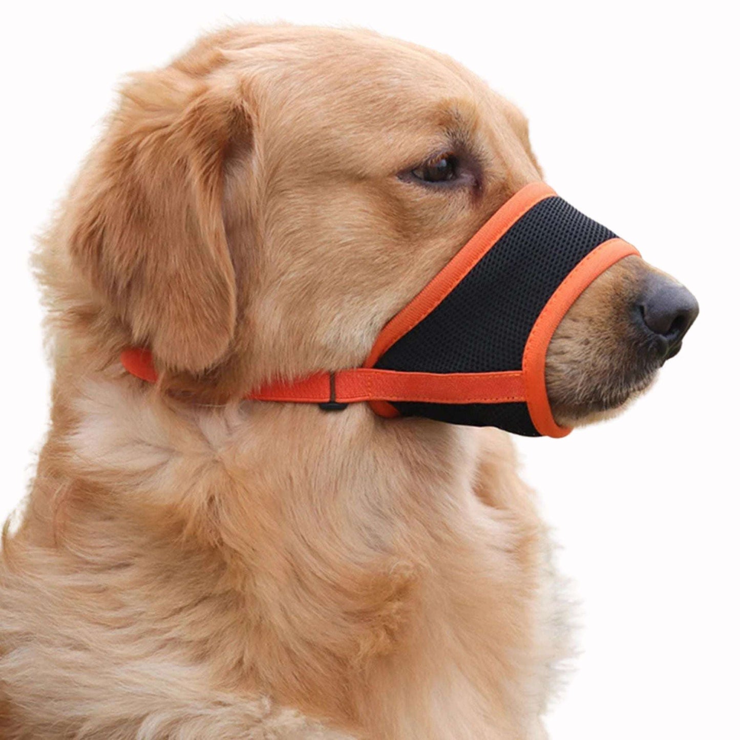 Orange adjustable anti-bark dog muzzle made of breathable soft mesh, designed for comfort and safety by TrendyPet's Zone.
