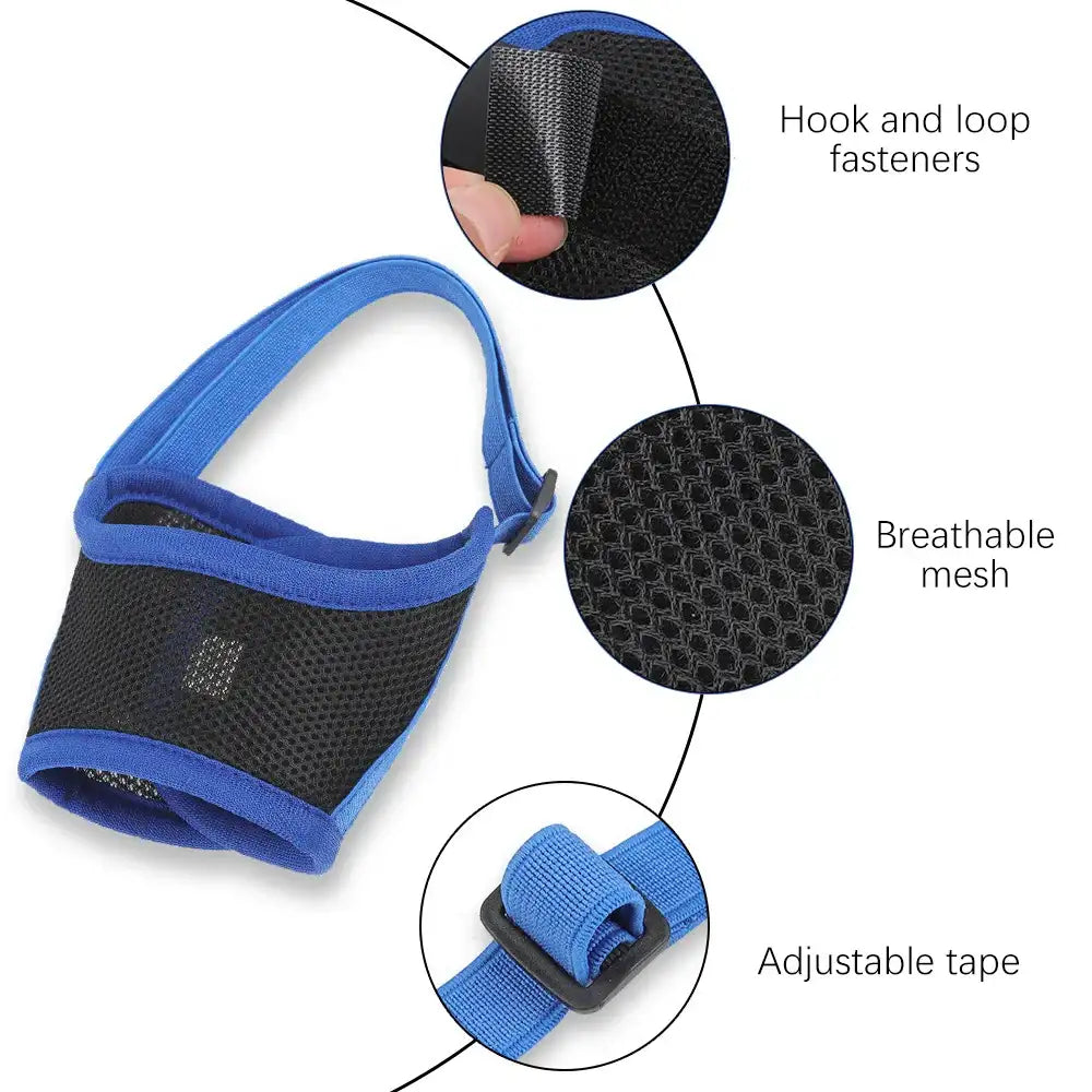 Blue adjustable anti-bark dog muzzle made of breathable soft mesh, designed for comfort and control by TrendyPet's Zone.