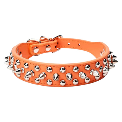 Orange adjustable leather dog collar with punk rivet spikes, suitable for puppies and pets, from TrendyPet's Zone.