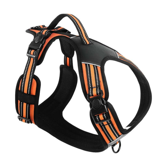 Orange adjustable reflective no-pull dog harness with soft padding and vest design, ideal for secure, comfortable walks.