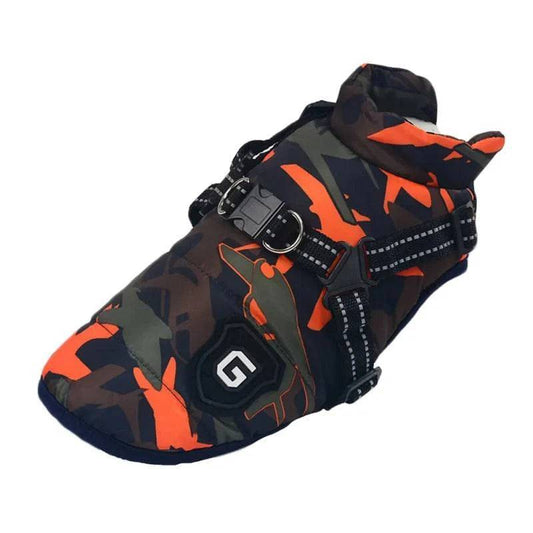 Orange Camouflage Winter Pet Dog Jacket With Harness Warm Clothes Waterproof Coat Outfits - TrendyPet's Zone