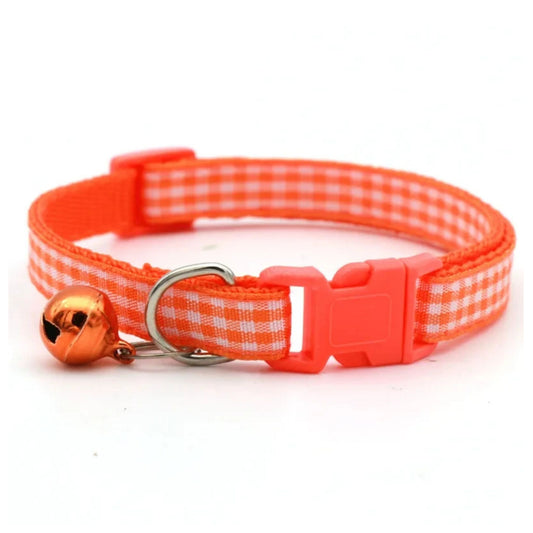 Orange checkered striped pet collar with bell, adjustable nylon collar for cats and small dogs by TrendyPet's Zone.