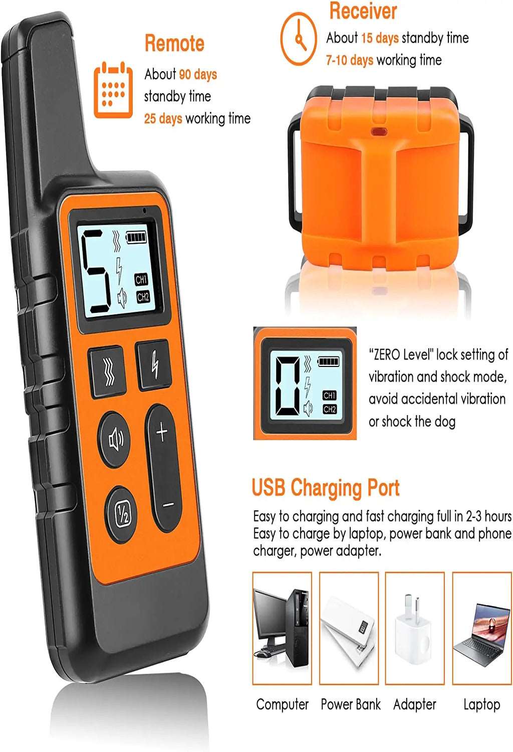 Orange Dog Training Collar 500m Control Trainer Device Vibration / Electrostatic pulse / Warning Stop Bark Deterrents - TrendyPet's Zone
