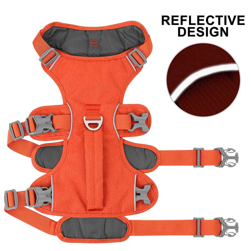Orange Escape-Proof Reflective Dog Harness by TrendyPet's Zone, durable, adjustable, with reflective strips for safety during walks.