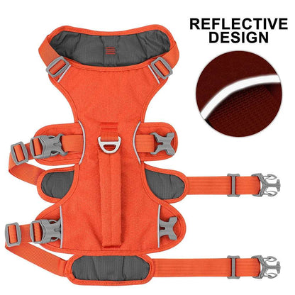 Orange Escape-Proof Reflective Dog Harness by TrendyPet's Zone, durable, adjustable, with reflective strips for safety during walks.