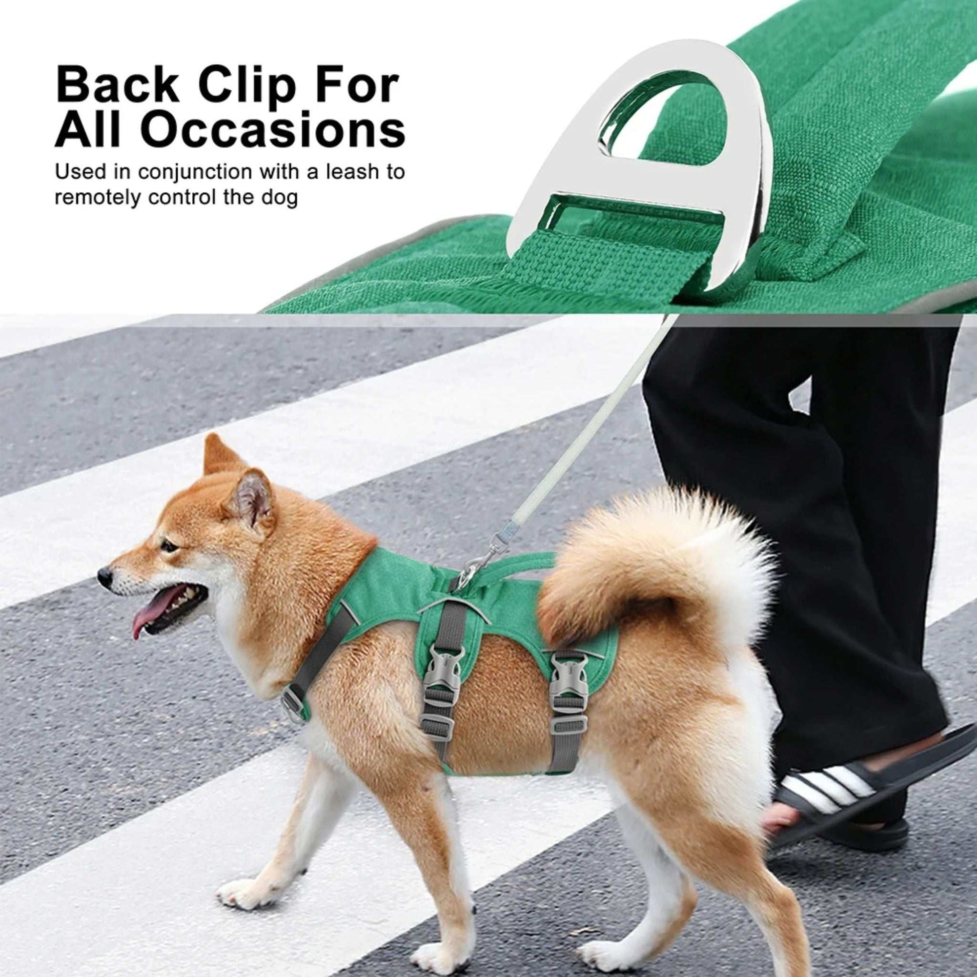 Green reflective dog harness by TrendyPet's Zone, escape-proof, durable, adjustable for a comfortable fit.