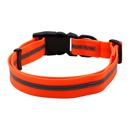 Orange PVC dog collar with reflective stripe, anti-odor, adjustable design from TrendyPet's Zone.