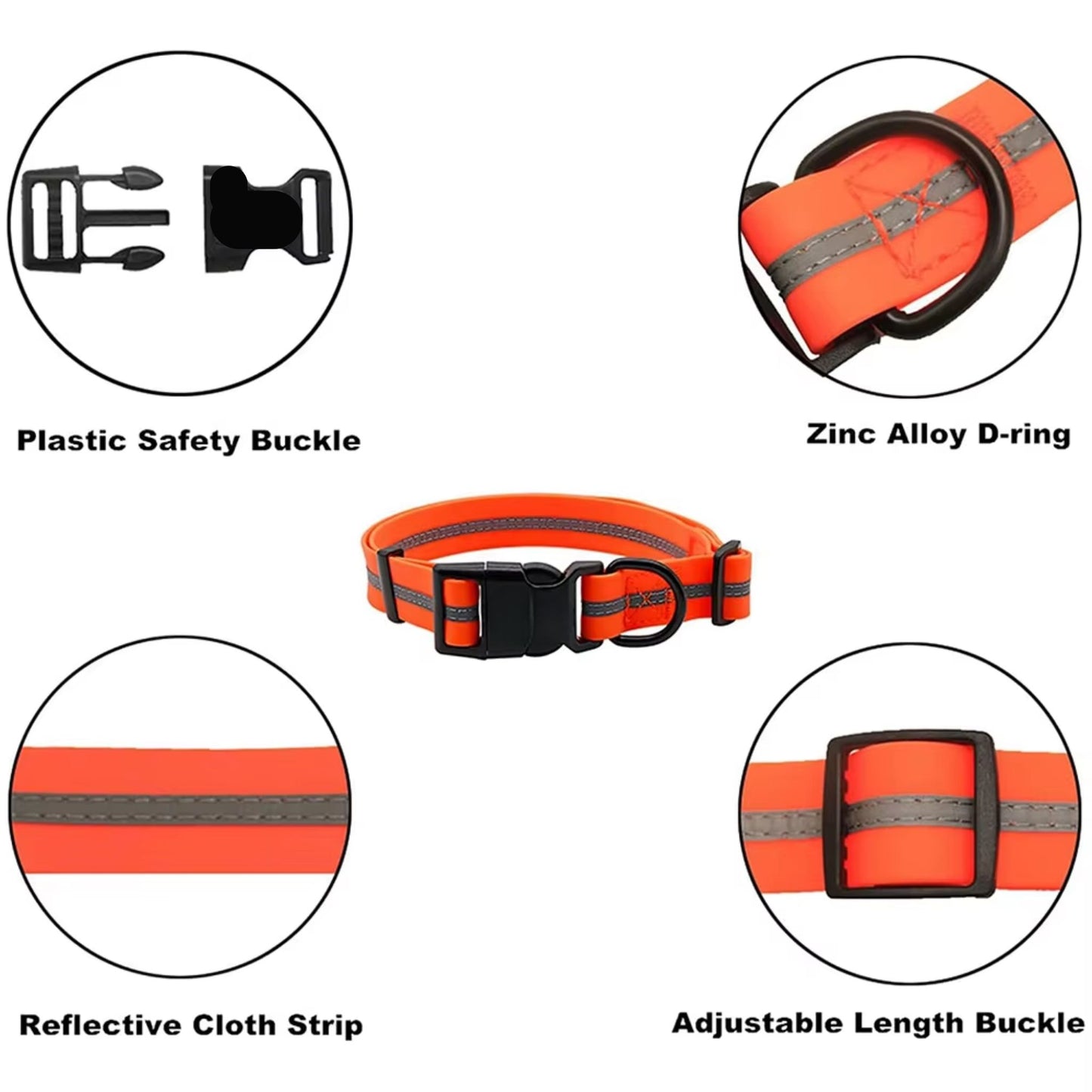Orange PVC dog collar with reflective stripe, anti-odor, adjustable strap, designed by TrendyPet's Zone for pet safety and comfort.