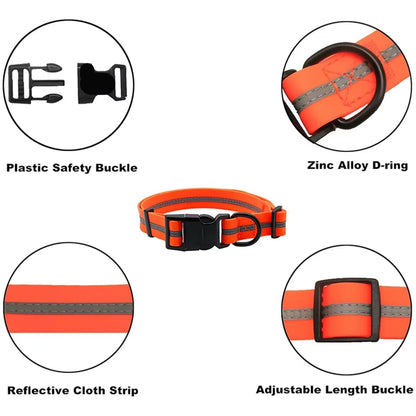 Orange PVC dog collar with reflective stripe, anti-odor, adjustable strap, designed by TrendyPet's Zone for pet safety and comfort.