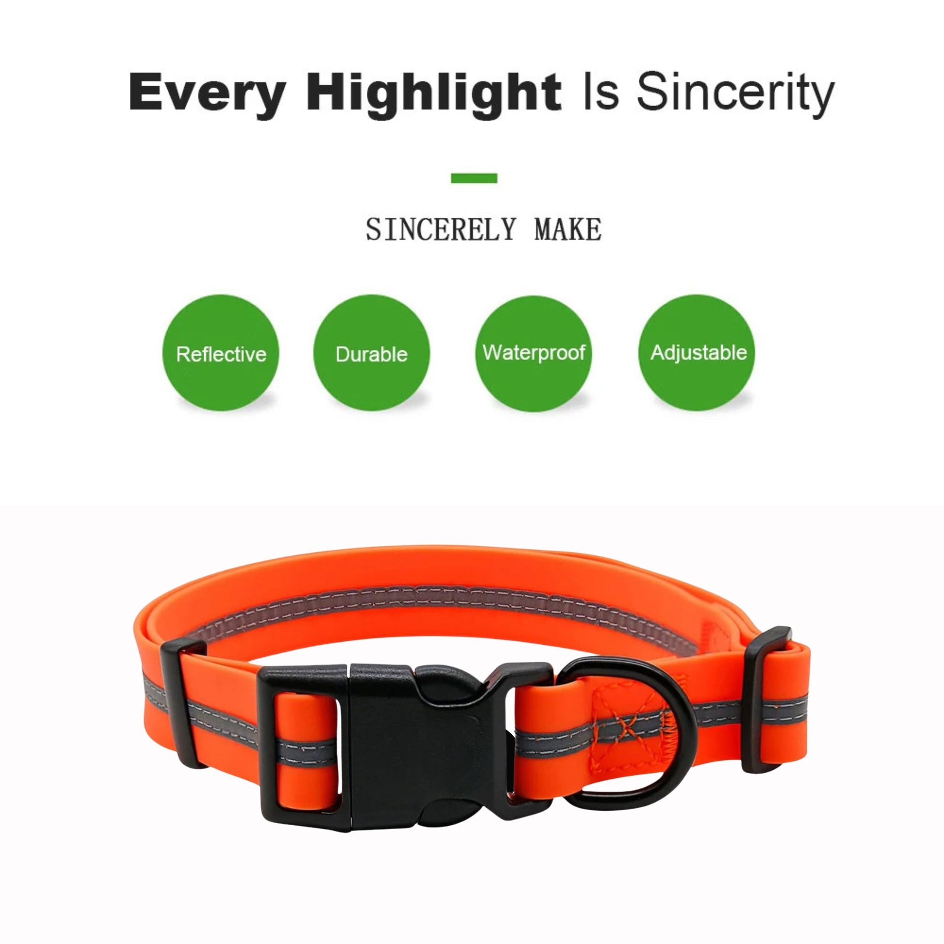 Orange PVC dog collar with reflective stripe, anti-odor, adjustable, by TrendyPet's Zone, designed for pet safety and comfort.
