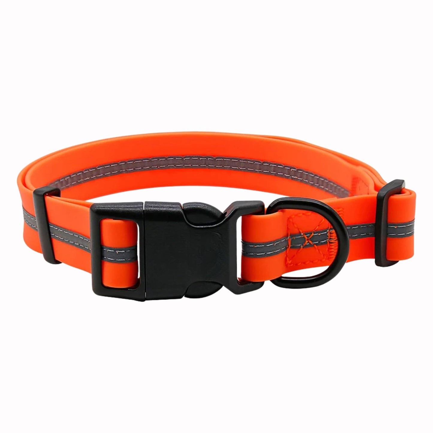 Orange PVC dog collar with reflective stripe, anti-odor, adjustable, from TrendyPet's Zone, designed for pet safety and comfort.