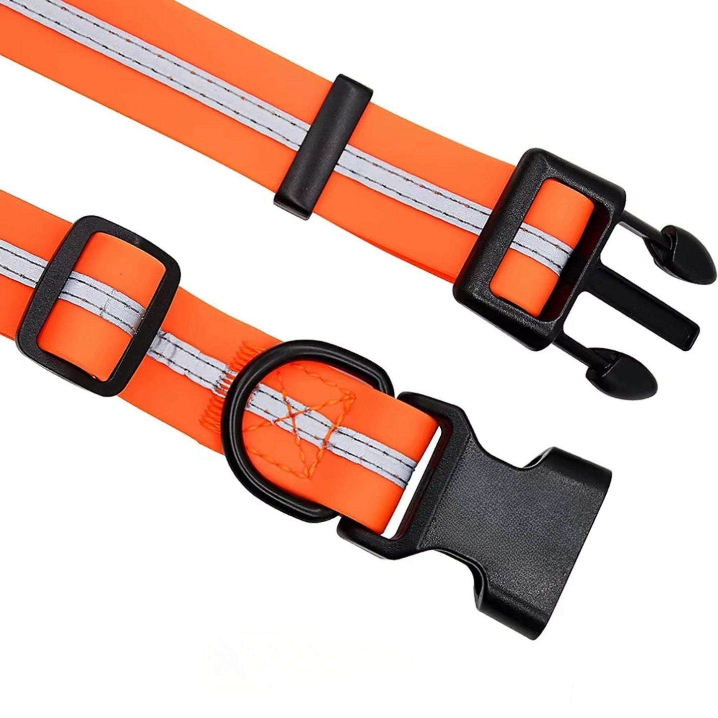 Orange PVC dog collar with reflective stripe, adjustable and anti-odor, by TrendyPet's Zone, designed for safety and comfort.