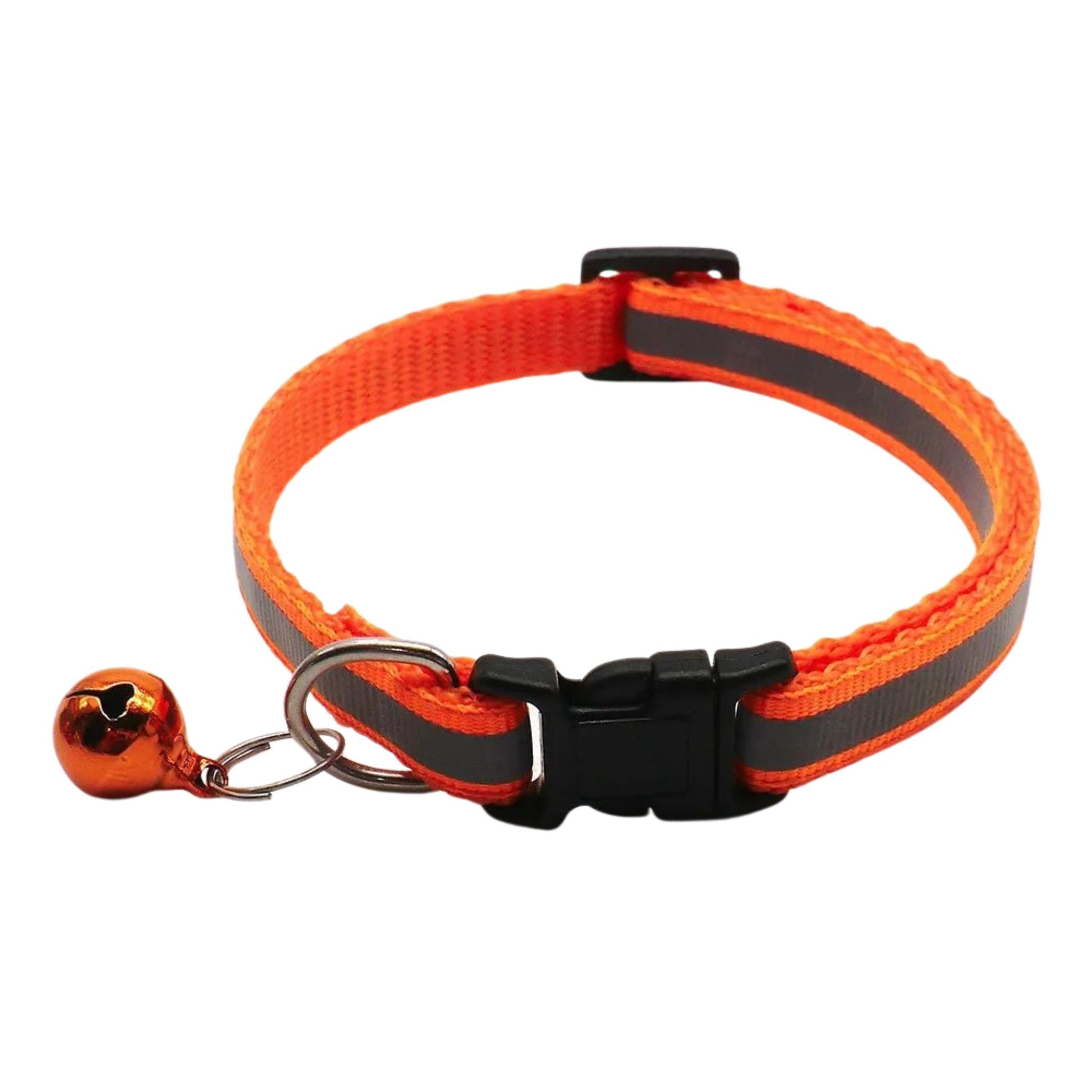 Orange reflective LED cat collar with bell, adjustable nylon safety breakaway design for cats and kittens.