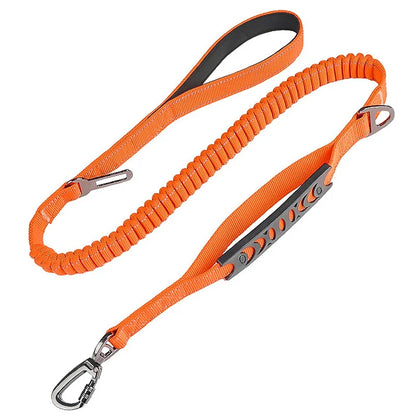 Orange reflective shock-absorbing dog leash with car safety buckle from TrendyPet's Zone, designed for secure vehicle travel.